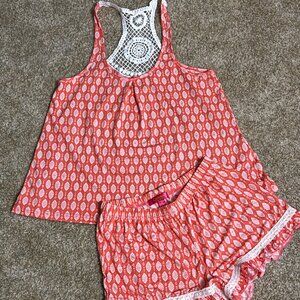 Catherine Malandrino Sz Small 2 Pc Orange Pajama Set Cami & Sleep Shorts Crochet